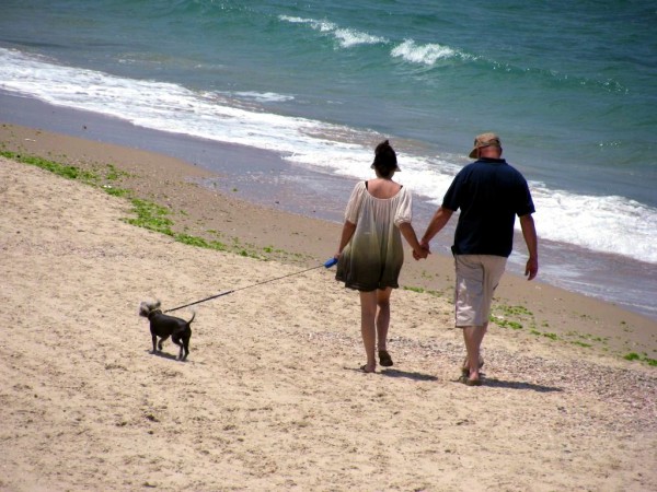 Couple with Dog at HaSharon Beach Mediterranean Sea-Beach-couple walk hand in hand