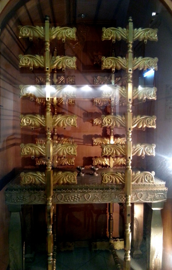 The Table of the Showbread stood on the northern side of the Sanctuary. It is made of wood overlaid with gold. Table of the Showbread-Sanctuary-Wood with gold