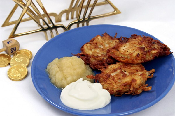 Potato latkes served with sour cream and applesauce. latkes-sour cream-applesauce-Hanukkah delight