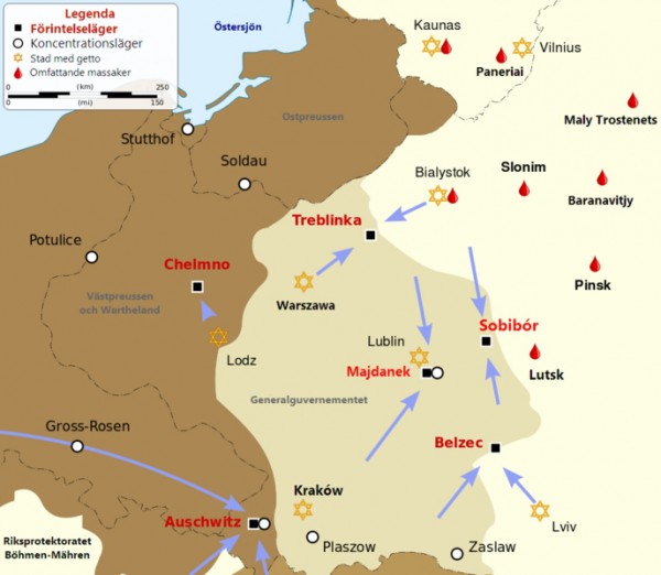 Killing centers were set up in German-occupied Poland at Chelmno, Belzec, Sobibor, and Auschwitz-Birkenau (left side of the map). Killing centers German-Poland-Chelmno-Belzec-Sobibor-Auschwitz-Birkenau