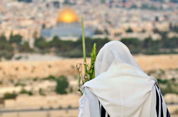 Jewish man faces Jerusalem as he recites the blessing over the Four Species during Sukkot Jerusalem-Sukkot-lulav-Temple Mount