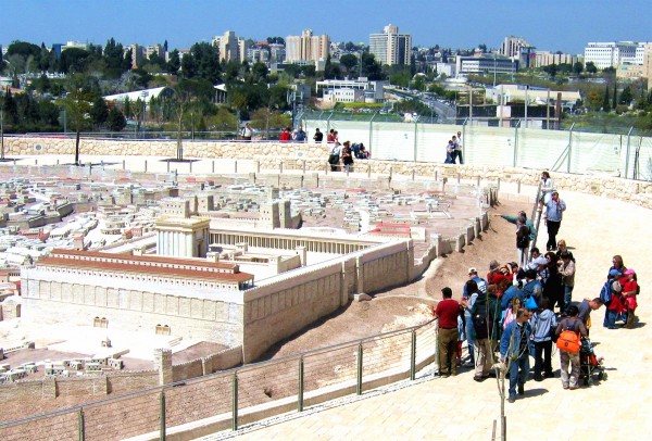 Tourists in Jerusalem marvel at the scale of this model of the Temple Mount during the Second Temple period. Model Second Temple Temple Mount