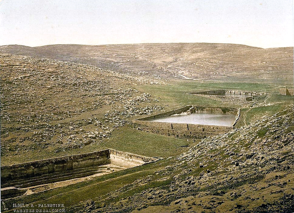 This photo of Solomon's Pools, part of an ancient waterway supplying water to Jerusalem, was taken between 1890 and 1905. The pools are located 5 kilometers (3.1 mi) southwest of Bethlehem and are thought to have provided water to the Temple Mount. Solomon's pools