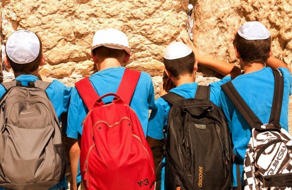 Jewish children pray at the Western (Wailing) Wall in Jerusalem, which is part of an ancient wall that once surrounded the Temple's courtyard. Children pray Western Wailing Wall Kotel