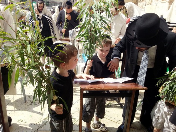 Jewish children learn to recite the blessings over the Arba Minim (Four Species) on Sukkot at the Western (Wailing) Wall in Jerusalem. children-Sukkot-four-kinds-arba-minim