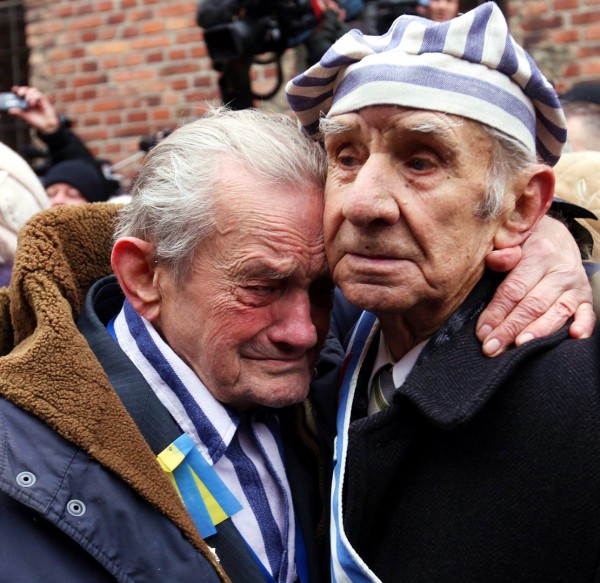 Holocaust-survivors-at-Auschwitz-Jan-2015 Holocaust survivors still carry the pain of the Shoah. In the above photo, survivors comfort one another as they visit Auschwitz on the 70th anniversary of the liberation of the extermination camp.