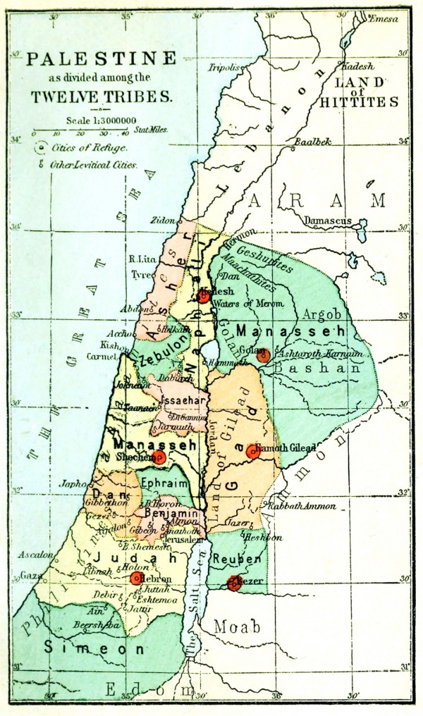 An 1889 map illustrating the division of the Land of Israel between the Twelve Tribes. (Palestine, by Conder) An 1889 map illustrating the division of the Land of Israel between the Twelve Tribes. (Palestine, by Conder)
