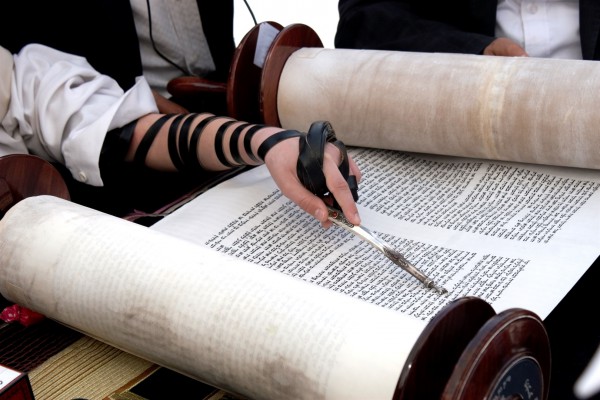 A Jewish youth wearing tefillin (phylacteries) reads from the Torah scroll, keeping his place with a yad (Torah pointer). A Jewish youth wearing tefillin (phylacteries) reads from the Torah scroll, keeping his place with a yad (Torah pointer).