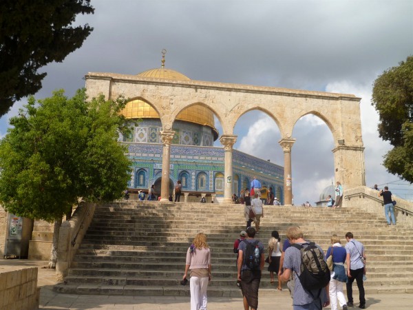 Tourists on the Temple Mount ascend a flight of stairs toward the Muslim Dome of the Rock, which is thought to occupy the spot where the Holy of Holies in Solomon's Temple was located. Tourists on the Temple Mount ascend a flight of stairs toward the Muslim Dome of the Rock, which is thought to occupy the spot where the Holy of Holies in Solomon's Temple was located.