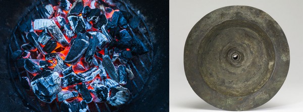 Left: Burning coals. Right: Eighth century BC Phoenician brazier (fire pan).
