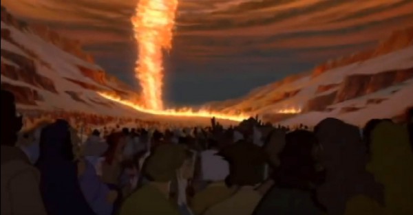 Scene from Prince of Egypt, depicting a pillar of fire lighting up the sky for the Israelites while also holding back the Egyptians. (YouTube capture; fair use)